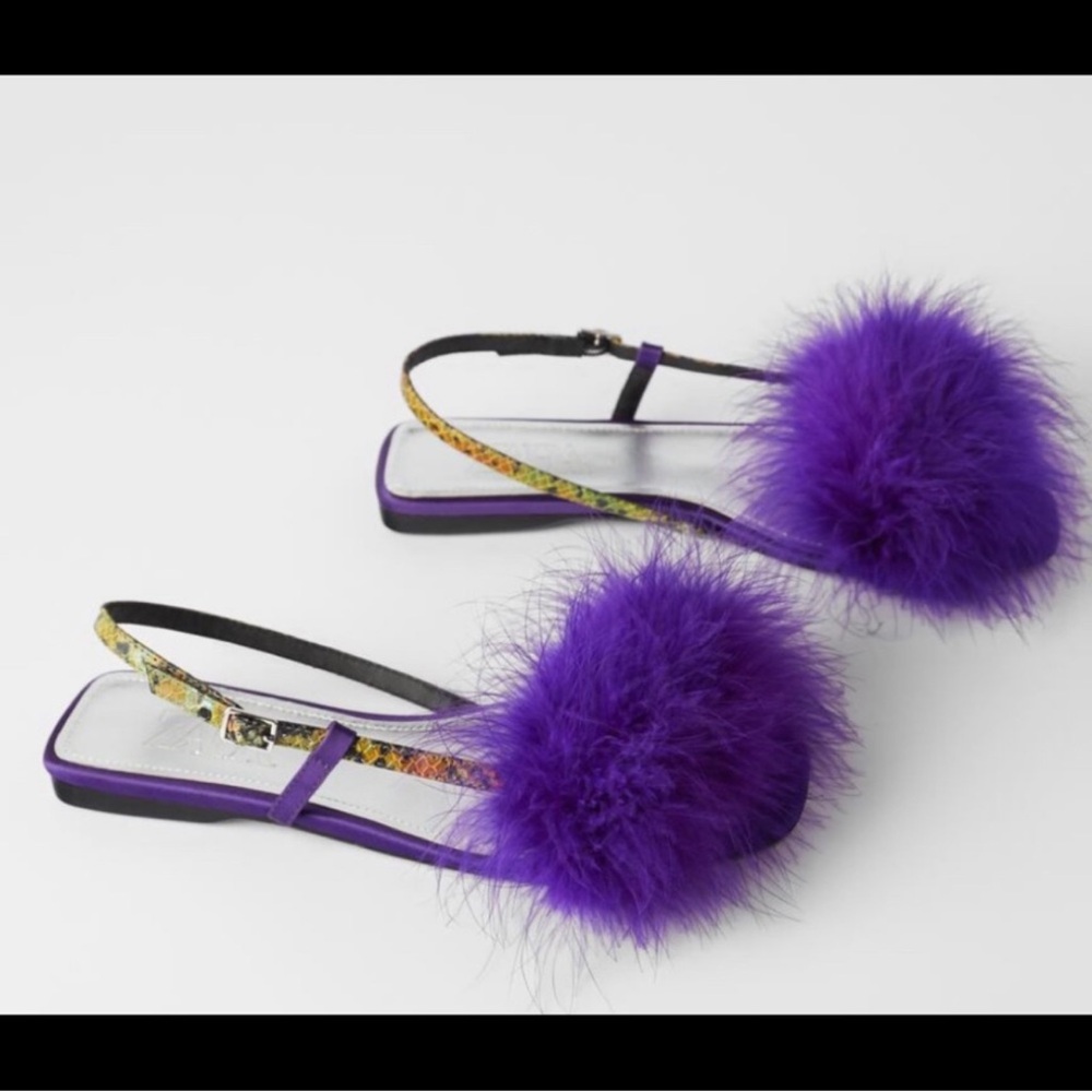 Zara blue collection purple faux fur flat sandals
